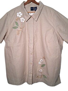 Vintage Basic Editions Shirt Plus Size 2X Beige Linen Floral Short Sleeve NEW